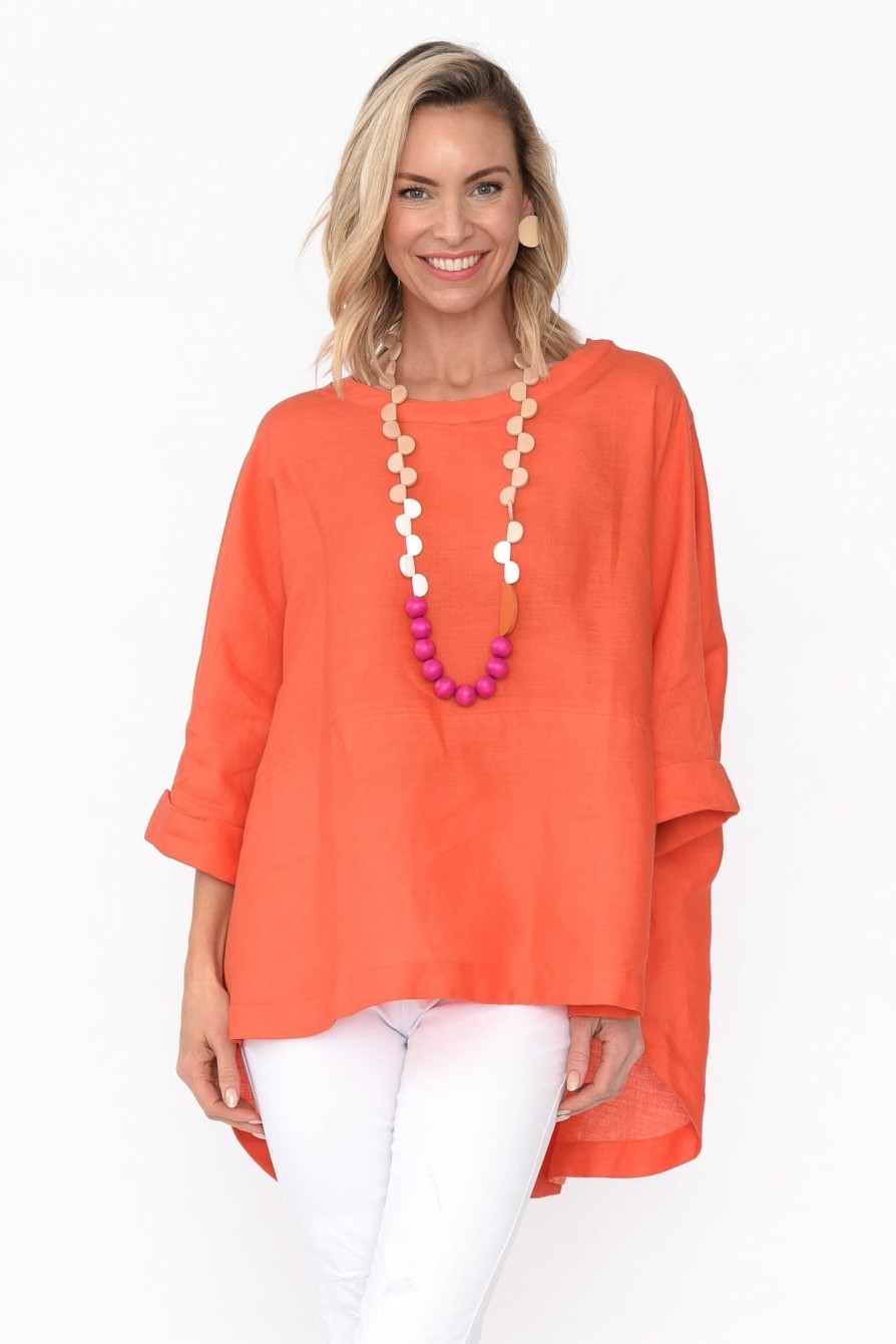 Clothing Tirelli Linen Tops | Holden Orange Linen Pleat Top