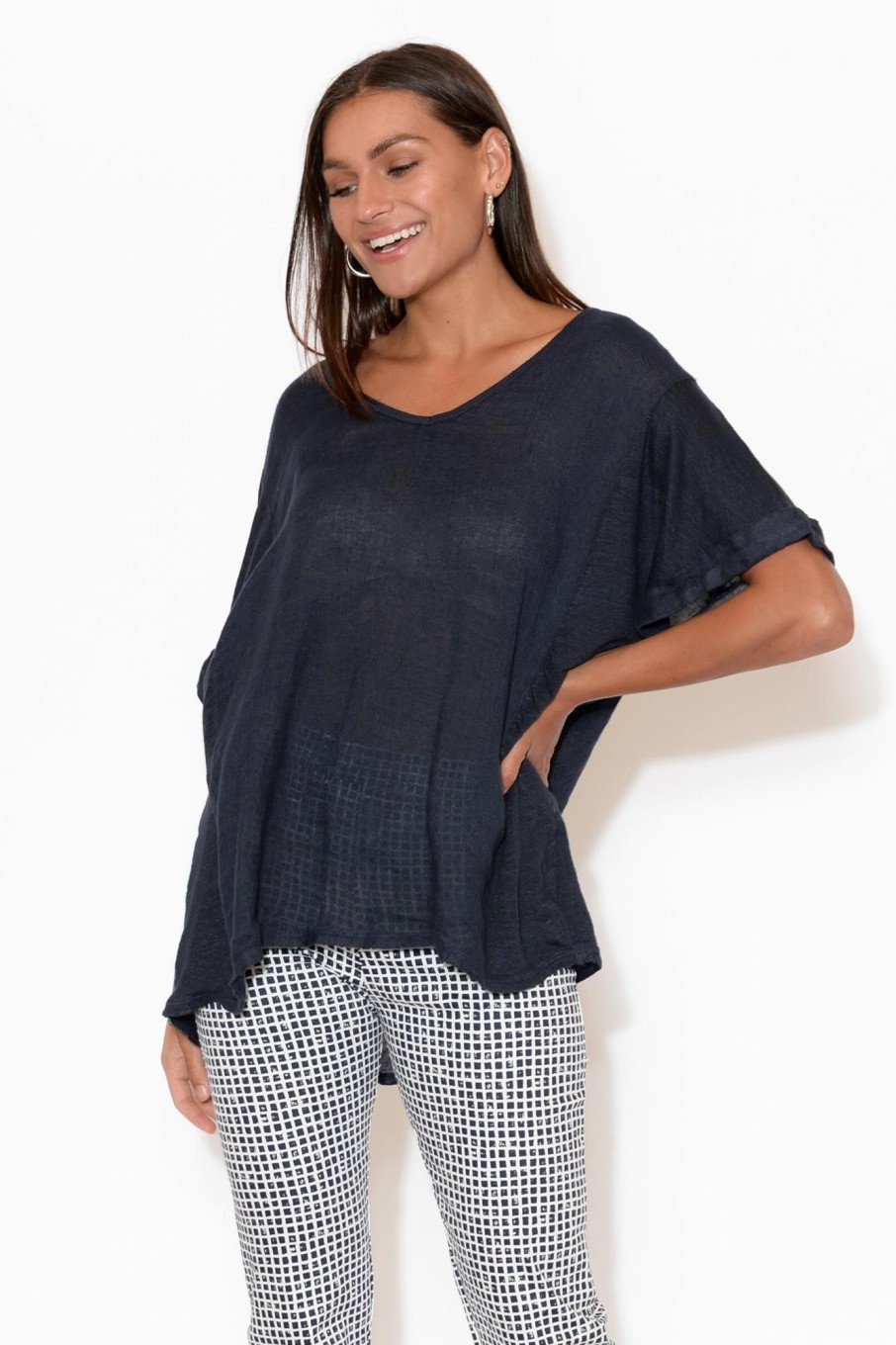 Clothing Talia Benson Linen Tops | Oversized Anna Navy Linen Tee