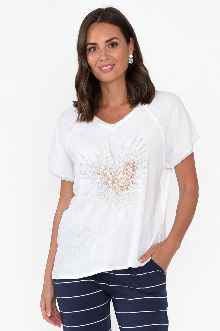 Clothing Fabuler Linen Tops | Candela White Sequin Heart Linen Top