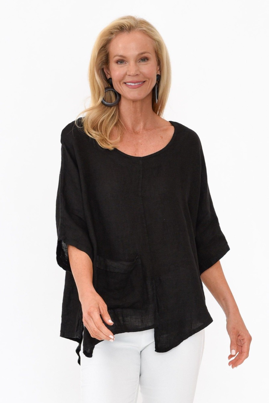 Clothing Talia Benson Linen Tops | Kara Black Linen Top